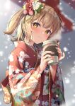  1girl 774_inc. :3 absurdres animare bangs blurry blurry_background blush brown_hair closed_mouth coffee_cup cup disposable_cup egasumi eyebrows_visible_through_hair flower hair_flower hair_ornament highres holding holding_cup imsaibo3 inaba_haneru_(animare) japanese_clothes kanzashi kimono looking_at_viewer medium_hair pink_nails print_kimono red_flower red_kimono shippou_(pattern) smile snowing solo two_side_up upper_body virtual_youtuber white_flower wide_sleeves yellow_eyes 