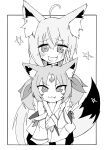  2girls :3 absurdres ahoge animal_ear_fluff animal_ears bangs blush border braid commentary_request detached_sleeves eyebrows_visible_through_hair fang fox_ears fox_girl fox_shadow_puppet fox_tail greyscale hair_between_eyes highres hololive hug hug_from_behind long_hair looking_at_viewer monochrome multiple_girls open_mouth pentagram personification sasasa_suns shirakami_fubuki sidelocks single_braid sukonbu_(shirakami_fubuki) tail two_side_up virtual_youtuber 