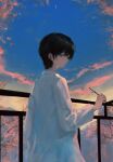  1girl 7ife absurdres black_hair blue_eyes blue_sky branch cherry_blossoms closed_mouth commentary english_commentary highres holding holding_branch long_sleeves looking_at_viewer original outdoors profile railing shirt short_hair sky solo sunset tree white_shirt 
