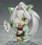  1girl animal_ears artist_name asymmetrical_legwear black_gloves black_shorts character_request chibi colored_tongue commission copyright_request crop_top eyepatch fang faux_figurine fingerless_gloves fishnet_legwear fishnets full_body garter_straps gloves green_eyes green_legwear green_tongue hair_intakes hand_fan highres holding holding_fan kneehighs long_hair mismatched_legwear nendoroid open_mouth ponytail second-party_source shiori2525 shorts single_kneehigh single_thighhigh smile solo thigh-highs translation_request very_long_hair white_hair 