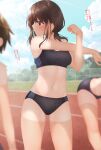  3girls ass_visible_through_thighs bent_over black_buruma black_sports_bra breasts brown_eyes brown_hair buruma check_translation clouds commentary_request expressionless highres looking_away looking_to_the_side midriff minato_ojitan multiple_girls navel original outdoors outstretched_arm running_track short_hair sky small_breasts sports_bikini sports_bra stretch tan tanlines thighs track_and_field translation_request 
