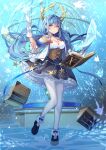  1girl bangs blue_bow blue_hair book bow breasts collar dress fish frilled_dress frills gloves hair_ornament highres k12io large_breasts long_hair official_art orange_eyes original pantyhose solo star_(symbol) whale white_collar white_gloves white_legwear 
