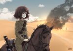  1girl akiyama_yukari artist_name belt black_belt blue_sky brown_eyes brown_hair closed_mouth clouds cloudy_sky commentary commission dated day desert english_commentary epaulettes frown girls_und_panzer green_jacket green_pants gun half-closed_eyes horizon horse horseback_riding jacket long_sleeves looking_to_the_side messy_hair military military_uniform nyaxxy outdoors pants pouch riding rifle sam_browne_belt short_hair signature sky smoke solo uniform weapon world_war_i 