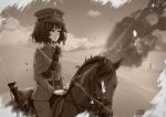  1girl akiyama_yukari artist_name belt closed_mouth clouds cloudy_sky commentary commission dated day desert english_commentary epaulettes frown girls_und_panzer gun half-closed_eyes hat horizon horse horseback_riding jacket long_sleeves looking_to_the_side messy_hair military military_hat military_uniform monochrome nyaxxy outdoors pants peaked_cap pouch riding rifle sam_browne_belt sepia short_hair signature sky smoke solo texture uniform weapon world_war_i 