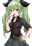  1girl absurdres airi_(akamichiaika) anchovy_(girls_und_panzer) anzio_military_uniform bangs black_necktie black_ribbon black_shirt clothes_around_waist commentary dress_shirt drill_hair eyebrows_visible_through_hair girls_und_panzer green_hair grey_jacket grey_pants hair_ribbon hand_on_hip highres holding jacket jacket_around_waist long_hair looking_at_viewer loose_necktie military military_uniform necktie open_collar open_mouth pants red_eyes ribbon riding_crop shirt sleeves_rolled_up smile solo standing twin_drills twintails uniform wing_collar 