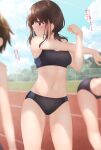  3girls ass_visible_through_thighs bent_over black_buruma black_sports_bra breasts brown_eyes brown_hair buruma check_translation clouds commentary_request expressionless highres looking_away looking_to_the_side midriff minato_ojitan multiple_girls navel original outdoors outstretched_arm running_track short_hair sky small_breasts sports_bikini sports_bra stretch thighs track_and_field translation_request 