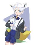  1boy ahoge animal_ears azureaoba bangs blue_bow blue_bowtie blue_eyes blue_shorts bow bowtie doll earrings english_commentary extra_ears eyebrows_visible_through_hair fox_boy fox_ears grey_jacket hair_between_eyes holding holding_doll hololive jacket jewelry looking_at_viewer open_clothes open_jacket open_mouth parted_bangs personification shirt shorts simple_background sukonbu_(shirakami_fubuki) virtual_youtuber white_background white_hair white_shirt 
