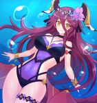  1girl bangs bare_shoulders blush bracelet breasts bubble covered_navel dragalia_lost fang flower hair_between_eyes hair_flower hair_ornament horns jewelry large_breasts long_hair looking_at_viewer mym_(dragalia_lost) one-piece_swimsuit redhead skin_fang solo suta_(clusta) swimsuit underwater very_long_hair yellow_eyes 