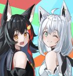  2girls ahoge animal_ear_fluff animal_ears bangs black_bow black_hair black_shirt blush bow breasts commentary_request daichi_(daichi_catcat) detached_sleeves earrings eyebrows_visible_through_hair fang fox_ears fox_girl green_eyes hair_between_eyes hair_bow hair_ornament hairclip highres hololive hood hoodie jewelry long_hair looking_at_viewer looking_back multicolored_hair multiple_girls ookami_mio open_mouth redhead shirakami_fubuki shirt sidelocks skin_fang small_breasts smile streaked_hair virtual_youtuber white_hair white_hoodie wolf_ears wolf_girl yellow_eyes 