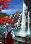  1girl animal_ears ater9 closed_eyes clouds highres holding holding_weapon inubashiri_momiji leaf open_mouth red_headwear red_skirt rock scenery skirt sky solo sword tail touhou tree water waterfall weapon wolf_ears wolf_girl wolf_tail yawning 