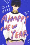  1boy animal_print bangs black_hair blue_background bowl_cut chainsaw_man fuyukonbu grey_pants hair_over_eyes hands_in_pockets happy_new_year highres long_sleeves looking_to_the_side pants short_hair simple_background solo standing sweater white_sweater yoshida_hirofumi 