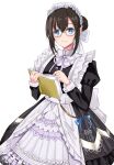  1girl absurdres alternate_costume apron bespectacled black_hair blue_eyes book closed_mouth commentary_request cowboy_shot deen_(hnxp8555) enmaided glasses hair_bun highres holding holding_book idolmaster idolmaster_cinderella_girls juliet_sleeves keychain long_sleeves maid maid_apron maid_headdress puffy_sleeves sagisawa_fumika simple_background solo white_background 
