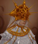  1boy brown_background closed_mouth crown dark_souls_(series) dark_souls_i dress headpiece highres male_focus sleepysolaire solo tentacles twitter_username upper_body veil white_dress white_hair 