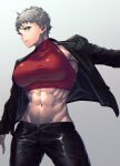  1girl abs blue_eyes earrings grey_hair highres jacket jacket_partially_removed jewelry leather leather_jacket mikel_(4hands) muscular muscular_female navel original short_hair solo toned white_background 