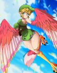  1girl absurdres artist_name bare_shoulders belt belt_pouch bird_legs blue_eyes blush breasts clouds commentary_request ear_piercing flying genderswap genderswap_(mtf) green_headwear harpy highres jarckius large_breasts link looking_at_viewer monster_girl monsterification piercing pink_feathers pink_wings pointy_ears pouch sky smile solo talons the_legend_of_zelda thigh_gap thighs torn_clothes winged_arms wings 