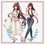  2girls alternate_costume alternate_hairstyle bag black_hair brown_eyes brown_hair casual collarbone commentary_request crossed_legs denim dress eyebrows_visible_through_hair grey_background hair_between_eyes handbag high_heels holding ice_cream_cone jeans jewelry kantai_collection kasumi_(skchkko) long_hair looking_at_viewer low-tied_long_hair midriff multiple_girls nagato_(kancolle) navel necklace open_mouth pants pink_bag ponytail shirt short_sleeves shoulder_pouch simple_background smile watson_cross white_dress white_shirt yamato_(kancolle) 