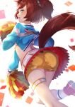  1girl absurdres animal_ears ass blush brown_eyes cheerleader commentary_request confetti highres horse_ears horse_girl horse_tail jacket looking_at_viewer looking_back medium_hair nice_nature_(umamusume) pearlscale0818 pom_pom_(cheerleading) shorts solo tail umamusume white_background 