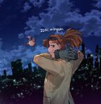  1boy arms_behind_head bird boku_no_hero_academia brown_hair brown_jacket building cityscape closed_mouth clouds commentary_request gloves grey_eyes grey_gloves highres jacket korean_commentary long_hair long_sleeves looking_at_viewer looking_back misa_(jjin_miryeon) night pino_(boku_no_hero_academia) ponytail rody_soul signature skyscraper smile standing twitter_username 