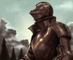  1other armor blue_sky breastplate day from_side helmet highres knight original outdoors pauldrons pine_tree shoulder_armor sky sleepysolaire tree 