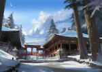  architecture blue_sky clouds day east_asian_architecture miso_katsu original outdoors pine_tree sky snow stone_lantern tree 