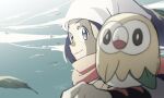  1girl akari_(pokemon) black_hair blurry closed_mouth commentary_request dated falling_leaves floating_hair head_scarf highres leaf long_hair pokemon pokemon_(creature) pokemon_(game) pokemon_legends:_arceus pokemon_on_arm rowlet scarf signature smile ueda_hanako white_headwear 