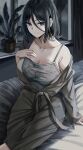  1girl bangs bare_shoulders bed black_eyes black_hair breasts collarbone eyebrows_behind_hair eyebrows_visible_through_hair hair_between_eyes highres indoors looking_at_viewer mole mole_on_breast nicky_w open_clothes original short_hair sitting smile solo 