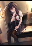  1girl :q absurdres bag bangs blue_sailor_collar blue_skirt blush braid brown_hair brown_legwear closed_mouth feet_out_of_frame fou_(ssqseeker) glasses hair_between_eyes hand_up highres light_rays long_hair looking_at_viewer neckerchief original red_eyes red_neckerchief sailor_collar school_bag school_uniform serafuku shirt short_sleeves sitting skirt smile solo_focus sunbeam sunlight thigh-highs tongue tongue_out train_interior twin_braids white_shirt 