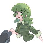  1girl bangs breasts camouflage camouflage_shirt collared_shirt cropped_torso frogsnake green_eyes green_hair green_shirt hat holding holding_clothes holding_hat key_necklace long_hair looking_at_viewer medium_breasts open_mouth shirt simple_background sleeve_rolled_up smile solo swirl touhou wavy_hair white_background yamashiro_takane 