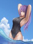  1girl absurdres armpits arms_behind_head artist_name bangs black_swimsuit blue_sky breasts collarbone competition_swimsuit covered_navel cozie178 eyebrows_visible_through_hair highres hololive hololive_indonesia long_hair looking_at_viewer medium_breasts moona_hoshinova on_water one-piece_swimsuit open_mouth ponytail purple_hair sideboob sky solo standing swimsuit virtual_youtuber wading wet wet_clothes wet_swimsuit yellow_eyes 