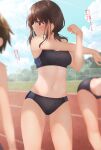  3girls ass_visible_through_thighs bent_over black_buruma black_sports_bra breasts brown_eyes brown_hair buruma clouds commentary_request expressionless highres looking_away looking_to_the_side midriff minato_ojitan multiple_girls navel original outdoors outstretched_arm running_track short_hair sky small_breasts sports_bikini sports_bra stretch tan tanlines thighs track_and_field translation_request 