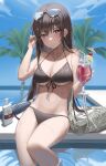  1girl absurdres bangs bare_shoulders bikini black_bikini black_swimsuit blush breasts brown_hair collarbone highres jewelry large_breasts long_hair looking_at_viewer mungduck navel necklace original ribbon smile solo summer sunglasses swimsuit violet_eyes water wet 