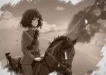  1girl akiyama_yukari artist_name belt closed_mouth clouds cloudy_sky commentary commission dated day desert english_commentary epaulettes frown girls_und_panzer gun half-closed_eyes horizon horse horseback_riding jacket long_sleeves looking_to_the_side messy_hair military military_uniform monochrome nyaxxy outdoors pants pouch riding rifle sam_browne_belt sepia short_hair signature sky smoke solo uniform weapon world_war_i 