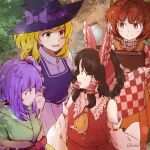  4girls apron bell blonde_hair blush brown_hair checkered_clothes closed_mouth flower forbidden_scrollery grass green_kimono hair_flower hair_ornament hakurei_reimu hat hieda_no_akyuu japanese_clothes kakera_(comona_base) kimono kirisame_marisa looking_at_another miko motoori_kosuzu multiple_girls open_mouth orange_hair purple_hair red_ribbon ribbon touhou witch_hat 