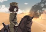  1girl akiyama_yukari artist_name belt black_belt blue_sky brown_eyes brown_hair closed_mouth clouds cloudy_sky commentary commission dated day desert english_commentary epaulettes frown girls_und_panzer green_jacket green_pants gun half-closed_eyes hat horizon horse horseback_riding jacket long_sleeves looking_to_the_side messy_hair military military_hat military_uniform nyaxxy outdoors pants peaked_cap pouch riding rifle sam_browne_belt short_hair signature sky smoke solo uniform weapon world_war_i 