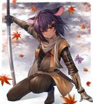  1girl absurdres animal_ears annno_ans arm_up autumn_leaves bangs border borrowed_character bow closed_mouth clothing_request commentary cosplay dark-skinned_female dark_skin facial_mark full_body hair_between_eyes hair_ornament hairclip half-closed_eyes hand_on_ground heart heart_hair_ornament highres hilt holding holding_sword holding_weapon katana kneeling long_hair looking_at_viewer mouse_ears mouse_girl mouse_tail original planted planted_sword red_eyes sekiro sekiro:_shadows_die_twice sekiro_(cosplay) solo sword tail tail_bow tail_ornament v-shaped_eyebrows weapon whisker_markings white_border 