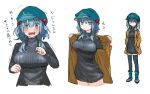  1girl blue_eyes blue_footwear blue_hair blue_headwear blue_legwear blush boots breasts brown_coat coat dress flying_sweatdrops grey_sweater hair_bobbles hair_ornament hands_in_pockets highres jitome kawashiro_nitori large_breasts long_hair looking_at_viewer multiple_views okbnkn open_clothes open_coat open_mouth simple_background sweater sweater_dress thigh-highs touhou translation_request two_side_up white_background wide-eyed 