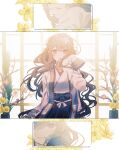  1girl bangs blue_skirt breasts brown_hair closed_mouth commentary commission eyebrows_visible_through_hair flower girls_frontline hair_flower hair_ornament highres japanese_clothes js_9_(girls&#039;_frontline) kimono long_hair long_sleeves looking_at_viewer official_alternate_costume open_mouth rabb_horn red_eyes skeb_commission skirt solo standing vase white_kimono window 