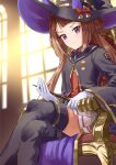  animal_ears boots brown_hair commentary_request crossed_legs gloves hair_rings hat highres horse_ears horse_girl isarai_kanara long_hair ribbon sitting smile sweep_tosho_(umamusume) thigh-highs thigh_boots twintails umamusume wand white_gloves window witch_hat 