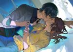  1boy 1girl bangs bed blue_shirt book brown_hair city_lights closed_eyes french_kiss green_shirt highres holding holding_book indoors jacket kiss laoyepo long_sleeves marius_von_hagen_(tears_of_themis) night night_sky open_mouth rosa_(tears_of_themis) shirt sky tears_of_themis violet_eyes white_jacket yellow_shirt 