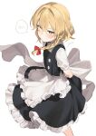  1girl :| arms_behind_back blonde_hair blush braid closed_mouth dress floating_clothes highres jill_07km kirisame_marisa looking_at_viewer no_hat no_headwear petticoat pinafore_dress simple_background single_braid solo spoken_blush touhou white_background 