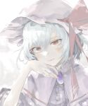  1girl 35358901hskrr arm_support bat_wings blue_hair brooch buttons capelet closed_mouth commentary eyebrows_behind_hair hair_between_eyes hand_up hat hat_ribbon head_rest highres jewelry light_smile lips looking_at_viewer mob_cap portrait red_eyes red_ribbon remilia_scarlet ribbon shirt short_hair simple_background solo touhou white_background white_capelet white_headwear white_shirt wings 