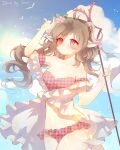  1girl animal_ears arknights arm_up bangs bikini blue_sky blush breasts brown_hair clouds commentary_request cowboy_shot day eyjafjalla_(arknights) eyjafjalla_(summer_flowers)_(arknights) flower hair_flower hair_ornament hand_up highres holding holding_staff horns long_hair navel outdoors parted_lips pink_bikini pink_eyes pink_flower plaid plaid_bikini sheep_ears sheep_horns sico_yuzi sky small_breasts solo staff stomach swimsuit unmoving_pattern 