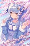  1girl animal_ears bangs blue_hair blush cellphone cherry_blossoms collarbone dress eyebrows_visible_through_hair highres holding hololive jacket long_hair looking_at_viewer makamati necktie phone rabbit_ears solo thick_eyebrows usada_pekora virtual_youtuber 