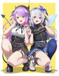  2girls :d absurdres amane_kanata angel_wings bangs black_bow black_bowtie black_footwear black_gloves black_headwear black_legwear black_shirt black_skirt blue_eyes blue_hair blue_legwear blue_skirt blush border bow bowtie breasts colored_inner_hair earphones english_commentary eyebrows_visible_through_hair fake_horns flat_chest frilled_skirt frills full_body gloves green_eyes hair_ornament hairclip halo highres hololive horned_headwear horns kneehighs leg_tattoo legs looking_at_viewer medium_breasts multicolored_hair multiple_girls murakami_ryouga partially_fingerless_gloves pink_hair pleated_skirt purple_hair shirt shoes simple_background single_kneehigh single_thighhigh skirt smile socks squatting star_halo streaked_hair tail tattoo thigh-highs thigh_strap thighs tokoyami_towa two-tone_hair virtual_youtuber white_border white_footwear white_legwear wings x_hair_ornament 