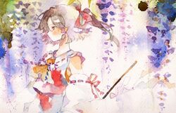  1girl ascot bangs bow brown_hair commentary_request detached_sleeves flower from_side gohei hair_bow hair_tubes hakurei_reimu long_sleeves medium_hair painting_(medium) ponytail red_bow red_shirt red_skirt ryokotyu shirt skirt solo touhou traditional_media upper_body watercolor_(medium) wisteria yellow_ascot 