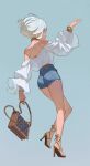  1girl ass bag blouse blue_eyes bracelet choker denim denim_shorts english_commentary from_behind full_body handbag high-waist_shorts high_heels highres hks_(timbougami) jewelry looking_at_viewer louis_vuitton_(brand) off-shoulder_shirt off_shoulder original shirt short_hair short_shorts shorts simple_background solo thighs white_hair white_shirt wide_sleeves 