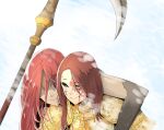  2girls armor breastplate cape carrying cleanrot_knight_finlay closed_mouth elden_ring helmet highres long_hair malenia_blade_of_miquella multiple_girls parted_lips pauldrons plate_armor redhead shindol shoulder_armor simple_background smile snow very_long_hair weapon yellow_eyes yuri 