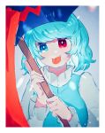  1girl :p bangs blue_eyes blue_hair blue_vest blush border commentary hands_up heterochromia highres holding holding_umbrella karakasa_obake long_sleeves manepanlol medium_hair one-hour_drawing_challenge red_eyes shirt solo swept_bangs tatara_kogasa tongue tongue_out touhou umbrella upper_body vest white_border white_shirt 