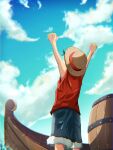  1boy barrel boat clenched_hands from_behind from_below hands_up hat highres male_focus monkey_d._luffy one_piece outdoors shorts sky sleeveless solo straw_hat suzu_(suzuran_piece) watercraft 