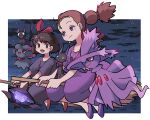  2girls :d absurdres bangs blush_stickers border broom broom_riding brown_hair cat character_request clouds commentary_request crossover dress highres jiji_(majo_no_takkyuubin) kiki_(majo_no_takkyuubin) lampent majo_no_takkyuubin misdreavus mismagius multi-tied_hair multiple_girls night open_mouth outdoors pokemon pokemon_(creature) purple_dress purple_footwear red_footwear shoes sitting sky smile sutokame tongue twintails white_border 